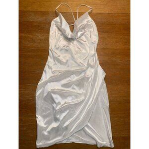 White Satin Cowl Neck Slip Dress With Criss Cross Back Design & Adjustable Strap